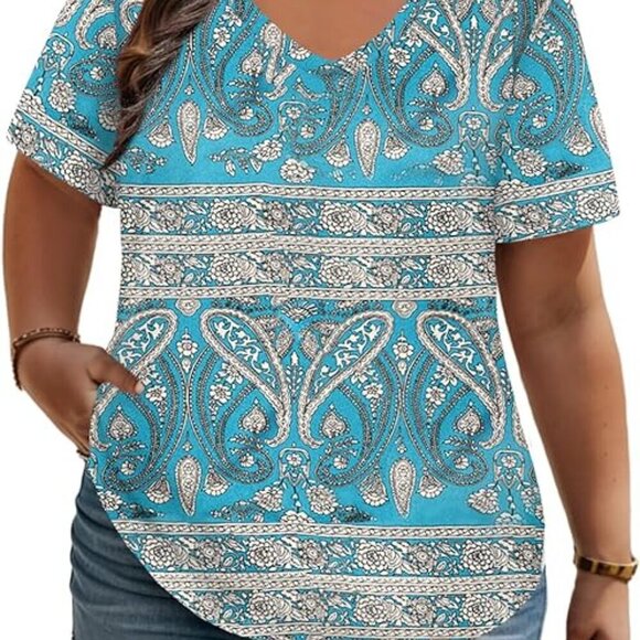 NWT ROSRISS Tunic Casual Summer V Neck Short Sleeve Tunics Blouse - Size 14W - Picture 2 of 12